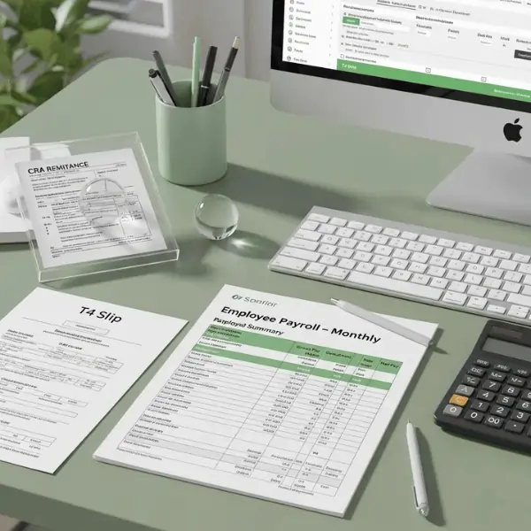 Payroll summary, T4 slip, and CRA remittance documents on accountant’s desk at Vision Accounting office in Calgary