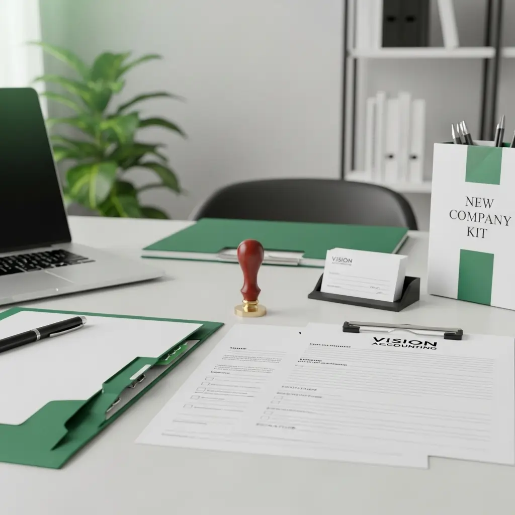 Company incorporation documents, stamp, and Vision Accounting business card on desk for new business setup in Calgary