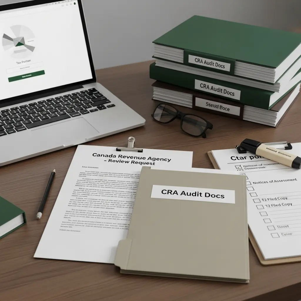 CRA audit binders, review request, and laptop open to tax portal on accountant’s desk at Vision Accounting in Calgary