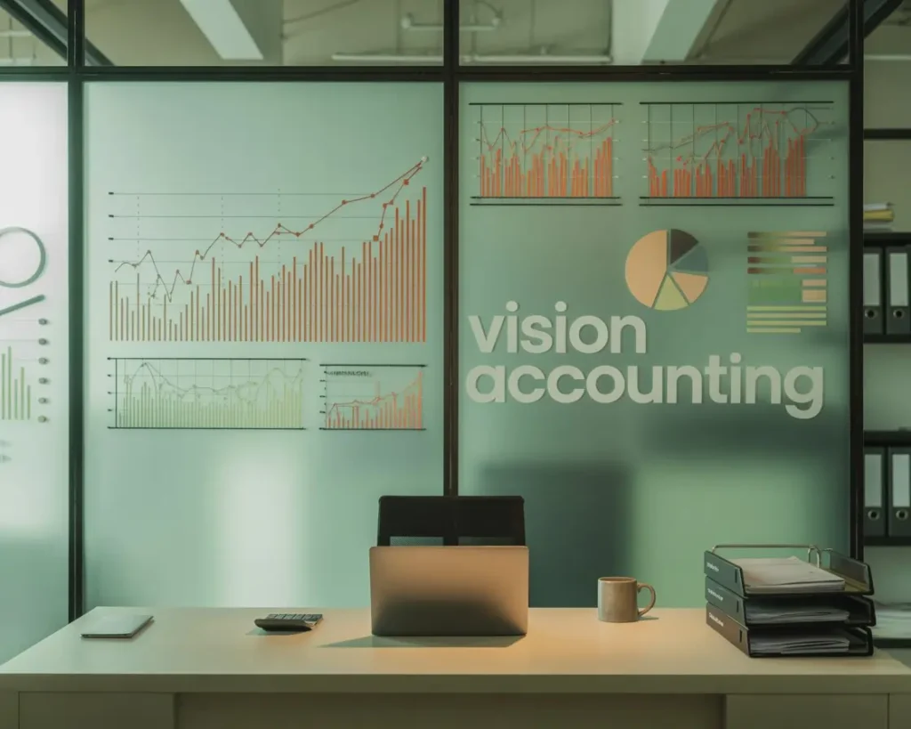Laptop and office setup at Vision Accounting with financial performance charts on glass wall in Calgary