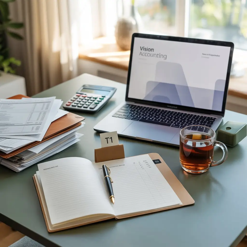 T1 personal tax preparation desk with laptop, calculator, documents, and tea at Vision Accounting office in Calgary